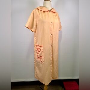 VTG 60s Peach Mid Century Snap Front House Dress Embroidered Housecoat Midi LRG